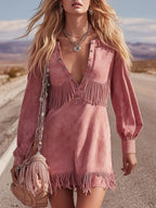 Vintage-style Loose Pink Faux Suede Fringe Mini Dress