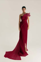 Asymmetric One Shoulder Sleeveless Long Pleated Mermaid Prom Dress With Split WQ0533
