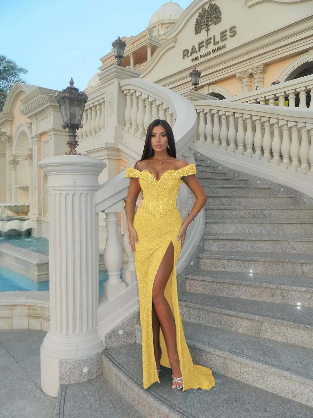 Sweetheart Off-The-Shoulder Sleeveless Long Mermaid Prom Dress With High Split And Sequins YK0714
