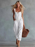 Casual Retro Square Neck Front Zipper Light Yellow Denim Jumpsuit