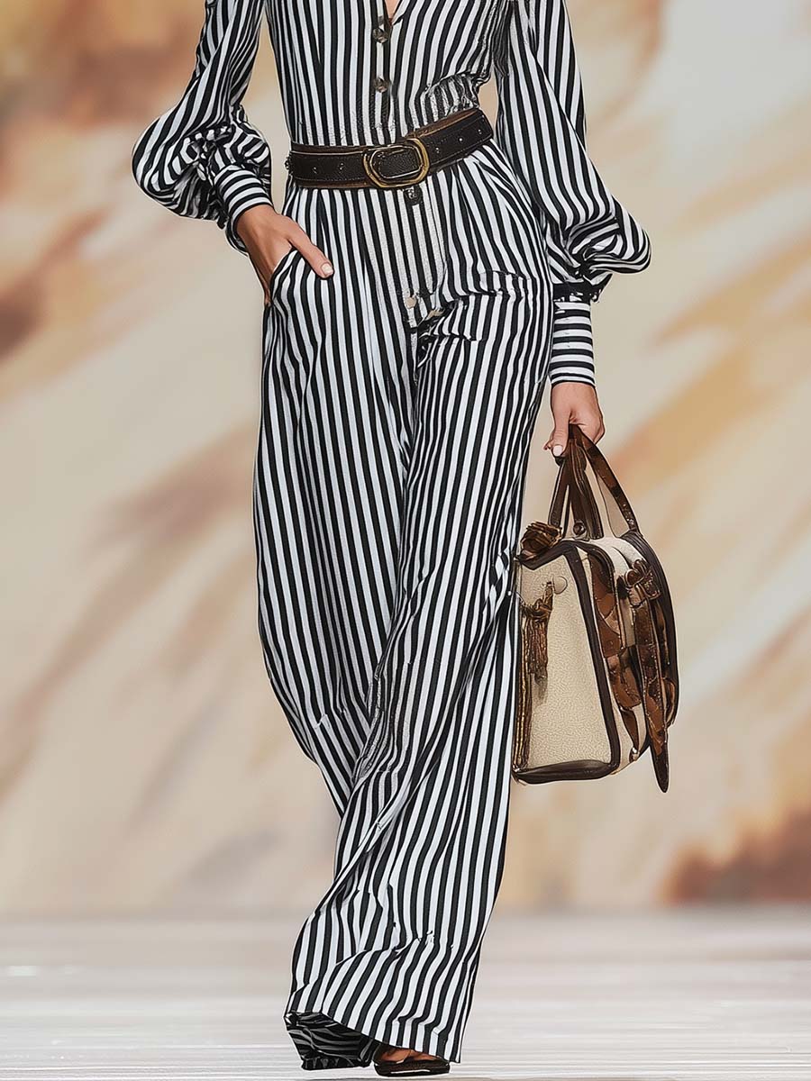 Retro Chic Black And White Striped Puff-Sleeve Belted Wide-Leg Jumpsuit