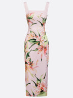 Pink Floral Satin Square Neck Sleeveless Sheath Midi Dress