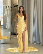 Chic Halter Sleeveless Long High Split Prom Dress With Pleated YK0277