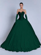 Tulle Sweetheart Strapless Sleeveless Long A-Line Prom Dress With Bow And Gloves YK0721