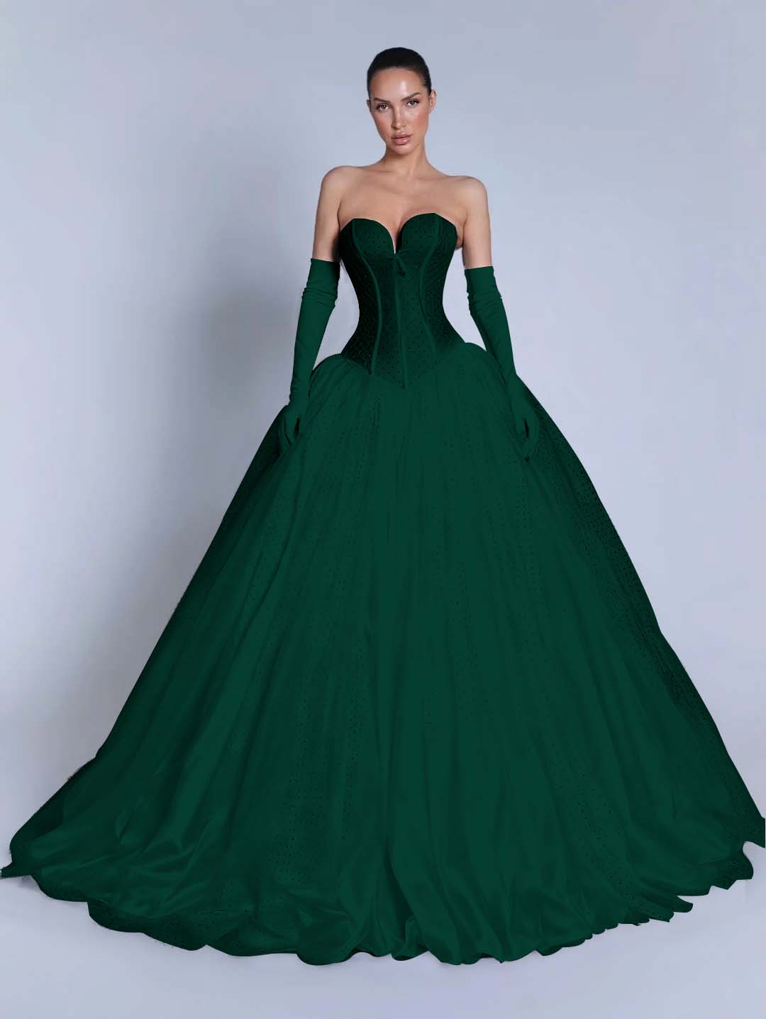 Tulle Sweetheart Strapless Sleeveless Long A-Line Prom Dress With Bow And Gloves YK0721