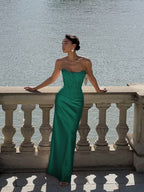 Cocoslly Strapless Sleeveless High Waist Long Prom Dress With Appliques | Pink Satin LX0113