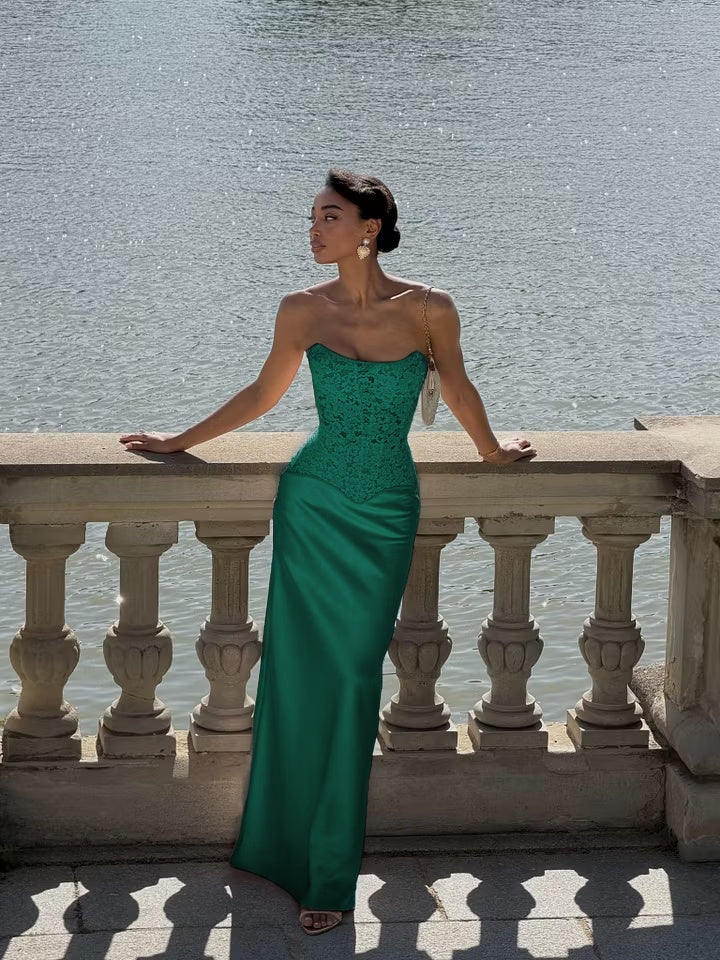 Cocoslly Strapless Sleeveless High Waist Long Prom Dress With Appliques | Pink Satin LX0113