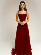 Tulle Square Neck Spaghetti Straps Strapless Sleeveless Long A-Line Prom Dress With Beadings YK0789