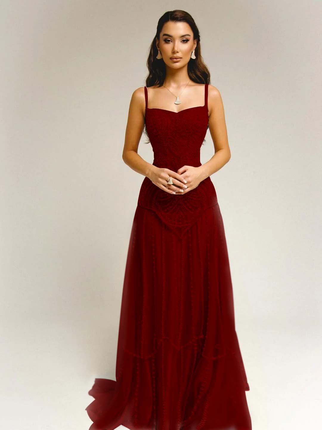 Tulle Square Neck Spaghetti Straps Strapless Sleeveless Long A-Line Prom Dress With Beadings YK0789