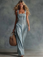 Retro Personality Light Blue Distressed Denim Overalls Jumpsuit