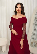Cocoslly Off-The-Shoulder Long Sleeves High Waist Long Prom Dress With Rhinstone | Blushing Pink Chiffon JZ0100