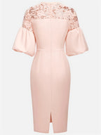 Pink Lace Classic Crew Neck Short Sleeve Balloon Sleeve Sheath Midi Dress