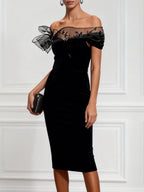 Black 3D Floral Beaded Classic Off The Shoulder Short Sleeve Sheath Midi Dress