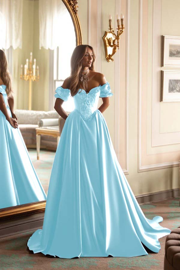 Satin V-Neck Off-The-Shoulder Short Sleeves Long A-Line Prom Dress With Embroidered And Pleated WQ0422