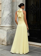 Yellow Ruched Chiffon Halter Neck Sleeveless A-Line  Gown Dress