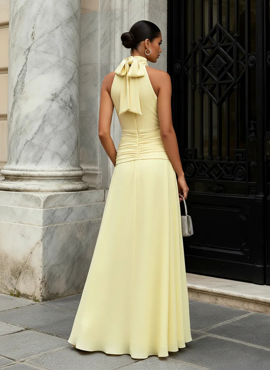 Yellow Ruched Chiffon Halter Neck Sleeveless A-Line  Gown Dress