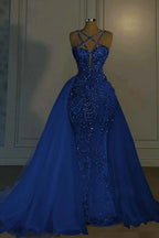 Cocoslly Halter Sleeveless Long Mermaid Prom Dress With Sequins Beadings And Tulle Ruffle | Ivory Tulle YL0335