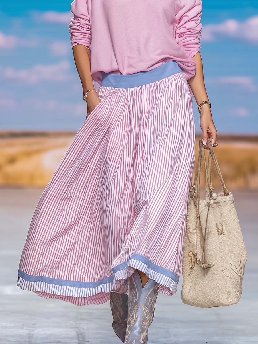 Casual Coastal Pink V-Neck Off-Shoulder Sweatshirt And Striped Midi Skirt Set