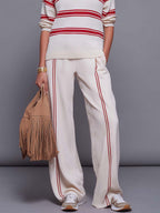 Retro Red-Striped Knit Polo And Wide-Leg Pants Set
