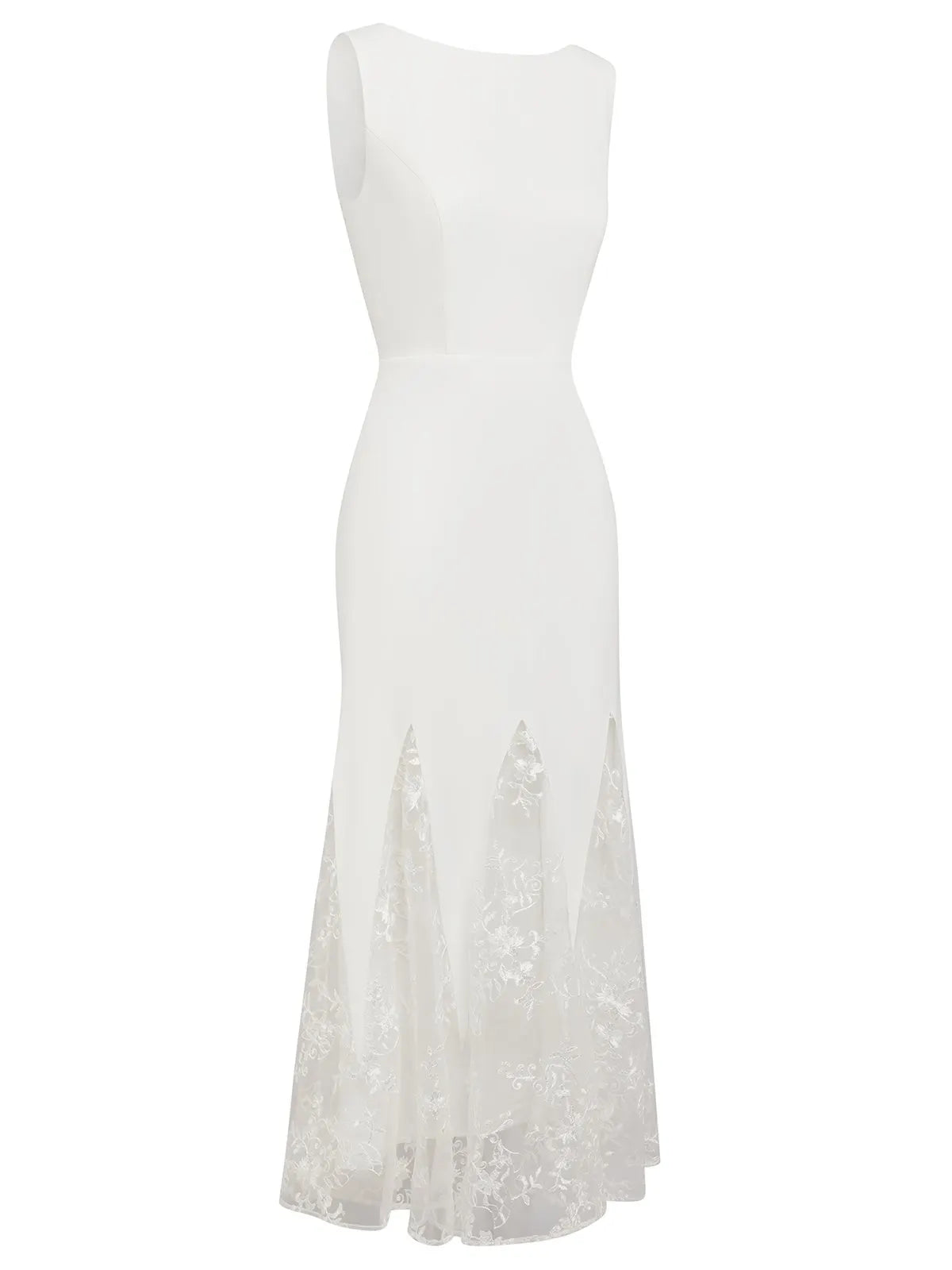 White Lace Boat Neck Sleeveless Mermaid Maxi Dress