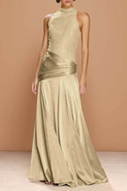 Cocoslly High-Neck Sleeveless Long Pleated Mermaid Prom Dress With Embroidery | Sage Green Satin ZA0147