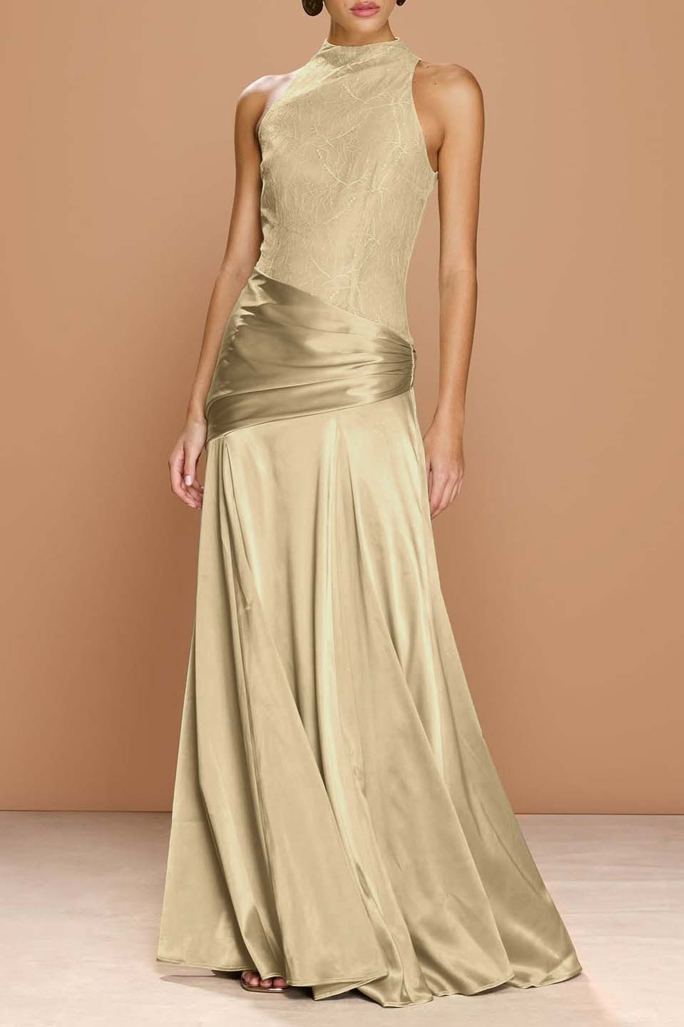 Cocoslly High-Neck Sleeveless Long Pleated Mermaid Prom Dress With Embroidery | Sage Green Satin ZA0147