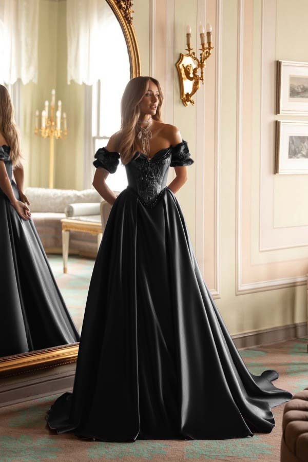 Satin V-Neck Off-The-Shoulder Short Sleeves Long A-Line Prom Dress With Embroidered And Pleated WQ0422