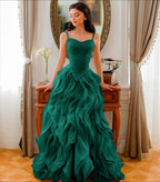 Tulle V-Neck Spaghetti Straps Strapless Sleeveless Long A-Line Prom Dress With Beadings And Pleated YK0761