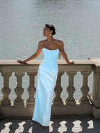 Cocoslly Strapless Sleeveless High Waist Long Prom Dress With Appliques | Pink Satin LX0113
