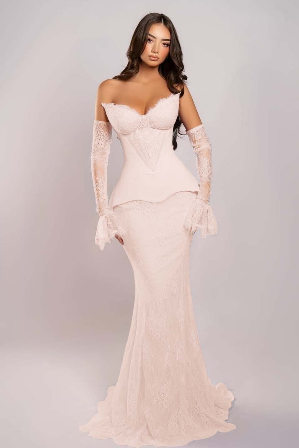 Cocoslly Strapless Sleeveless Long Mermaid Prom Dress With Embroidered And Gloves | Pink Satin And Lace ZA0398