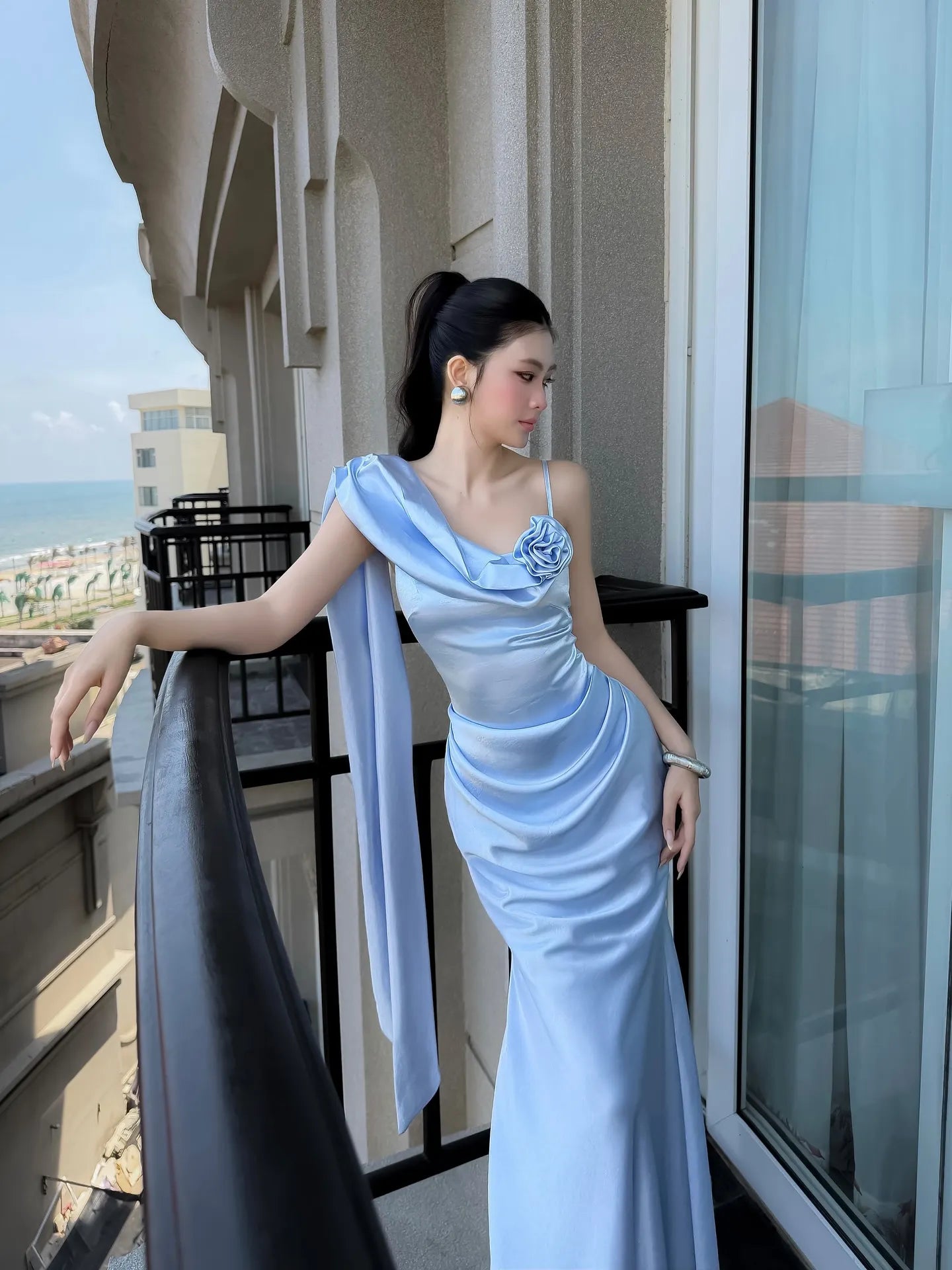 Cocoslly Spaghetti Straps Sleeveless High Waist Long Mermaid Prom Dress With Pleated | Dusty Blue Satin CO0193