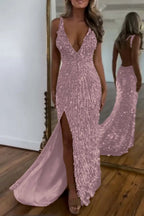 Cocoslly Spaghetti Straps V Neck Sleeveless High Neck Long Prom Dress with Split | Glod Champage  Sequins MS0489