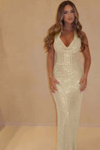 Sequin Halter Sleeveless Long Mermaid Prom Dress With Pleated WQ0091