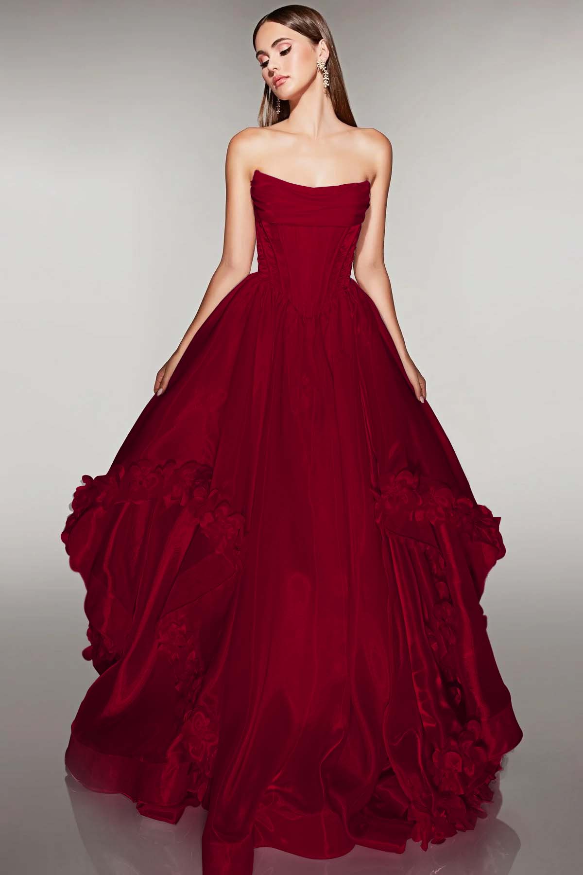 Cocoslly Strapless Sleeveless High Waist Long A Line Prom Dress With Flowers | Pink Satin