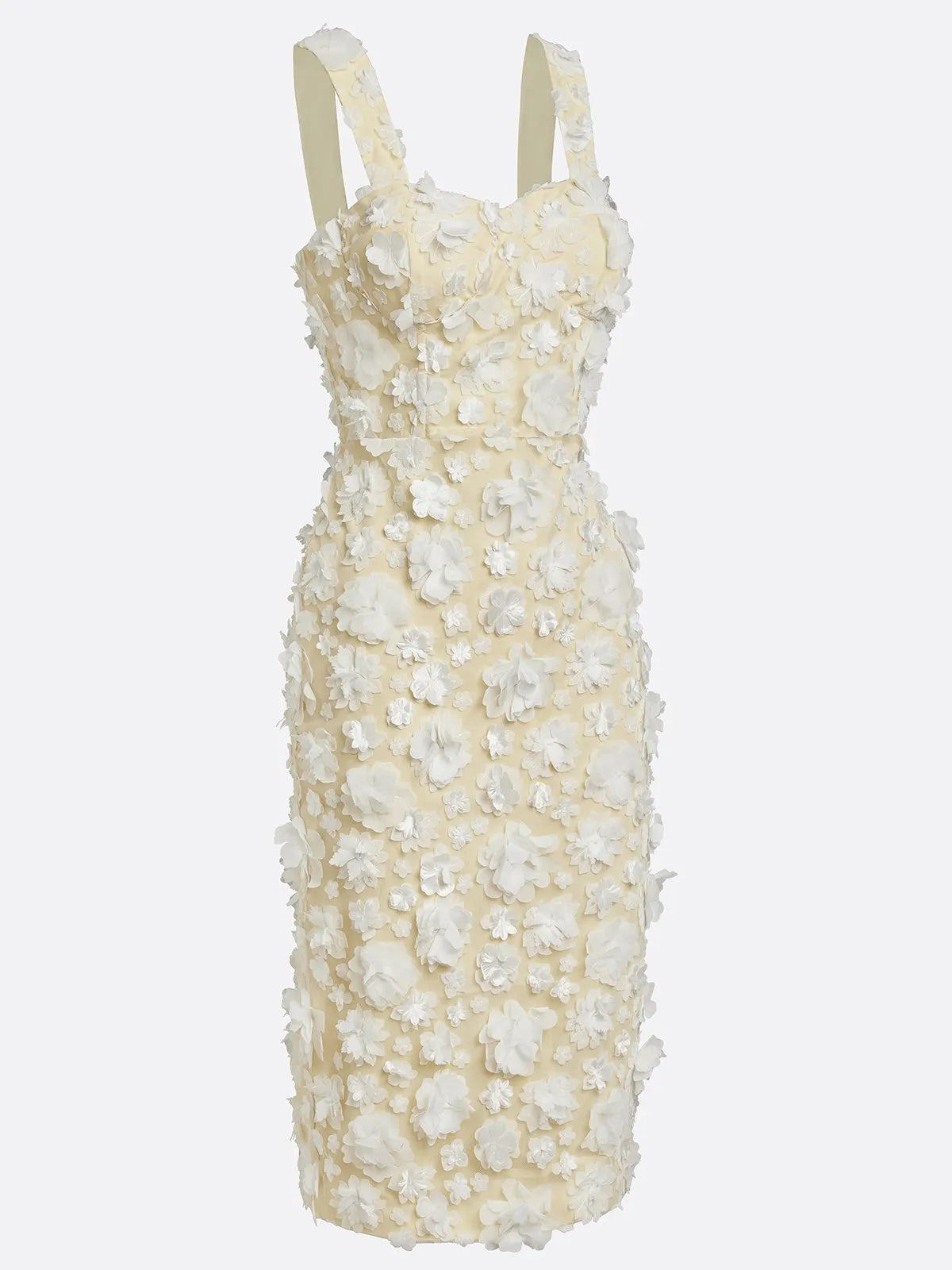 White 3D Floral Classic Square Neck Sleeveless Sheath Midi Dress