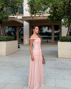 Cocoslly Off-The-Shoulder Sleeveless High Waist Long Pleated Prom Dress | Pink Chiffon CO0120