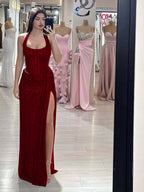 Sequins Halter Sleeveless Long Mermaid Prom Dress With Split YK0358