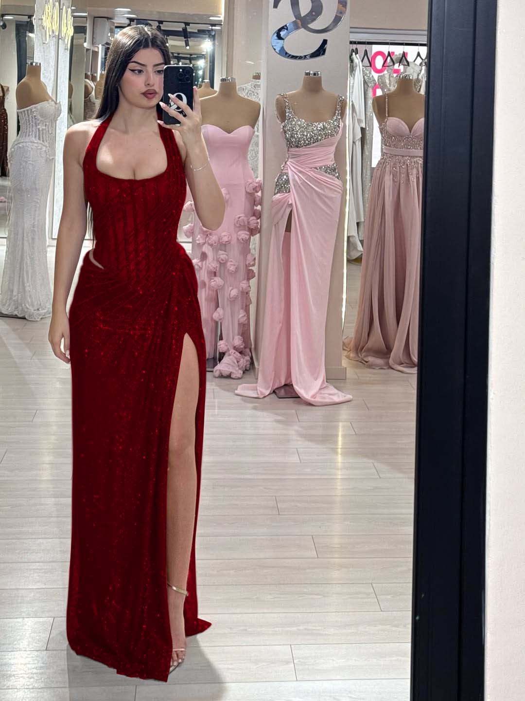 Sequins Halter Sleeveless Long Mermaid Prom Dress With Split YK0358