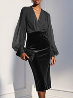 Navy Blue Mesh Split Joint Balloon Sleeve Sheath Midi Velvet Dress