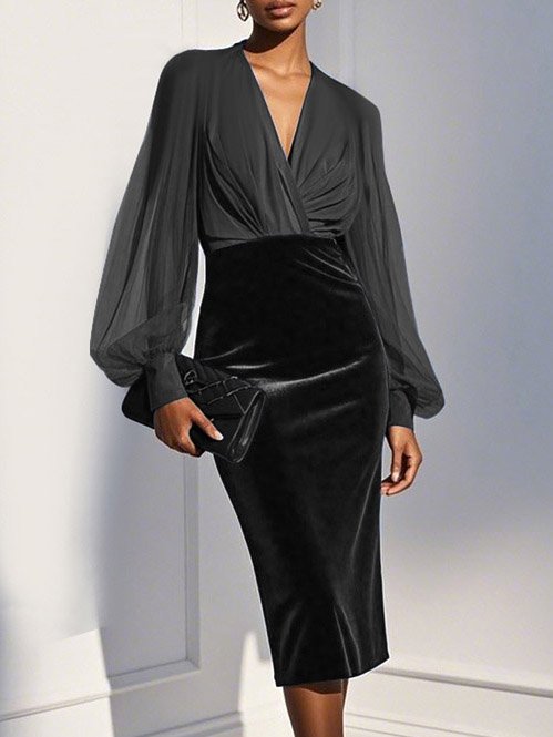 Navy Blue Mesh Split Joint Balloon Sleeve Sheath Midi Velvet Dress