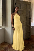 Cocoslly Halter Sleeveless High Waist Long Prom Dress With Appliques | White Chiffon YC0560