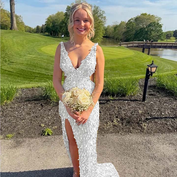 Cocoslly Straps V-Neck Sleeveless High Waist Long Prom Dress With Split | Champage Glod Sequins ZT0893