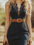 Vintage Bohemian Blue Lace Sleeveless Midi Dress