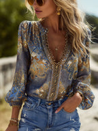 Women's Vintage Paisley Print V-neck Long Sleeve Top