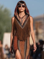 銆�24-hour shipping out銆慦estern Retro Colorful Striped Knitted Tassel Hooded Slit Maxi Dress