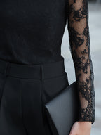 Sheer Long-Sleeve Lace High-Neck Blouse
