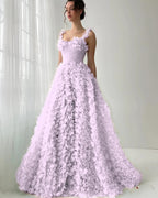 Tulle Square Neck Spaghetti Straps Sleeveless Long A-Line Prom Dress With Flower Appliques YK0613