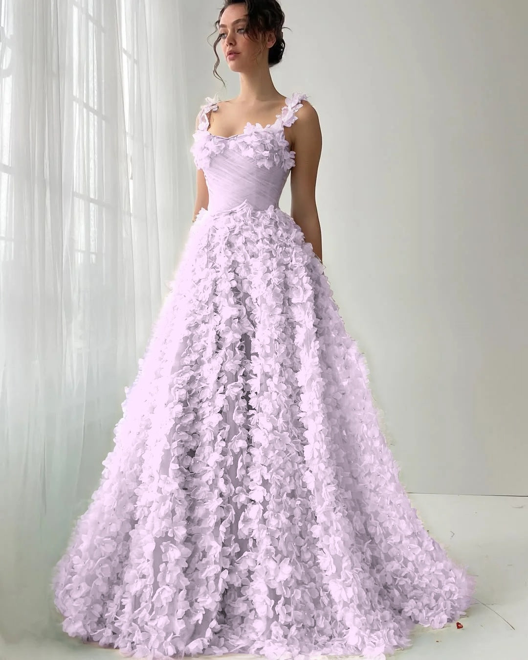 Tulle Square Neck Spaghetti Straps Sleeveless Long A-Line Prom Dress With Flower Appliques YK0613