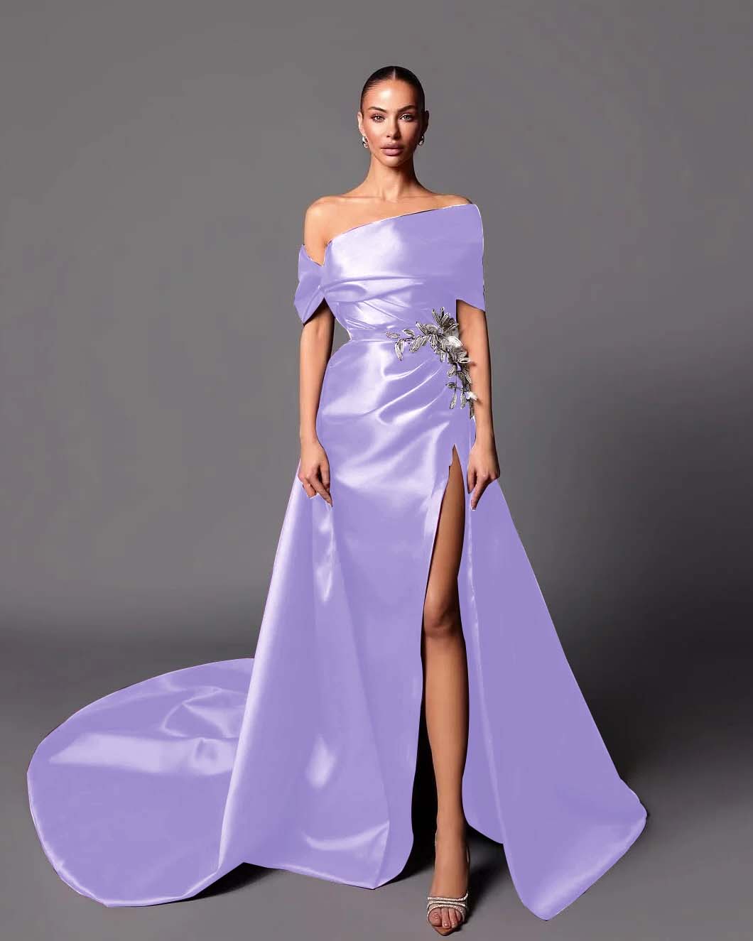 Satin Asymmetric Off-The-Shoulder Sleeveless Long Pleated Mermaid Prom Dress With Appliqués And Split YK0598