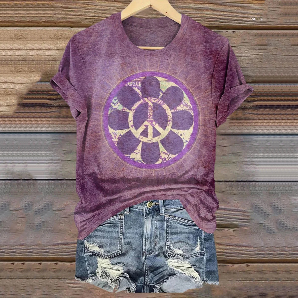 Women's Hippie Art Printed Casual Round Neck Short Sleeve T-shirt
